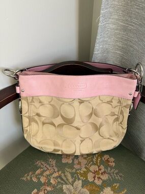 Coach Beige Signature Canvas Shoulder Bag with Pink Trim